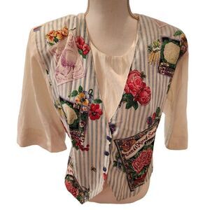 Vintage 80s Tapestry Floral Shirt Vest Combo M Granny Grandma Core White Blue